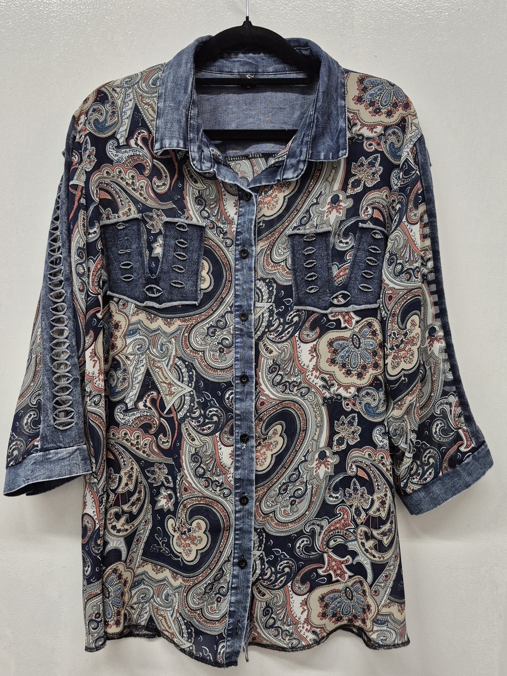 Blue Paisley Button-Down Sheer Shirt Denim Trim Pockets Medium